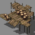 Rustic Wooden Road Facility Platform With Planks Supporting Posts And Crates 3d model