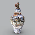 Colorful Traditional Ceramic Vase with Landscape Animal Patterns and Decorative Lid