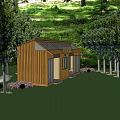 Modern Wooden Cabin With Solar Panels Surrounded By Trees And Green Grass