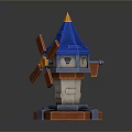Colorful Windmill Tower Model With Blue Spire Orange Blades Yellow Tip And Red Brick Base