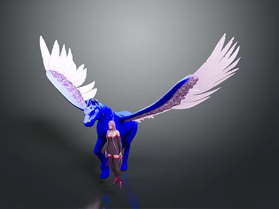 Game Movie Character With Blonde Hair Standing Next to Blue Winged Horse With White Wings 3d model