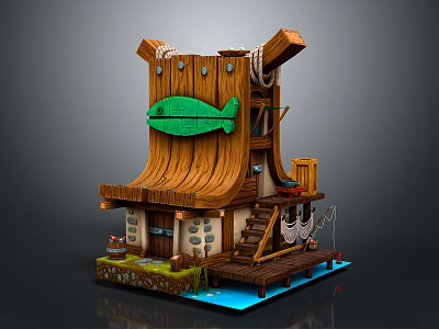 Wooden Waterfront Hut With Green Fish Sign Wooden Roof And Ropes On Platform 3d model