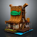 Wooden Waterfront Hut With Green Fish Sign Wooden Roof And Ropes On Platform