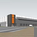 Modern Industrial Factory Building With Glass Curtain Wall Gray Orange Exterior And Landscaped Sidewalk