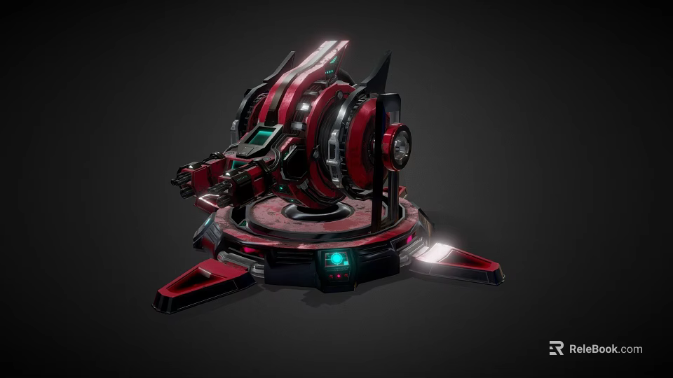 Futuristic Red And Black Mechanical Weapon With Circular Rotating Components And Green Indicator Light 3d model 