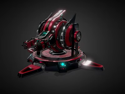 Futuristic Red And Black Mechanical Weapon With Circular Rotating Components And Green Indicator Light 3d model