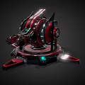Futuristic Red And Black Mechanical Weapon With Circular Rotating Components And Green Indicator Light