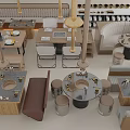 Multiple Dining Tables in Modern Restaurant Interior With Wooden Chairs Hanging Lights and Decorative Elements 3d model