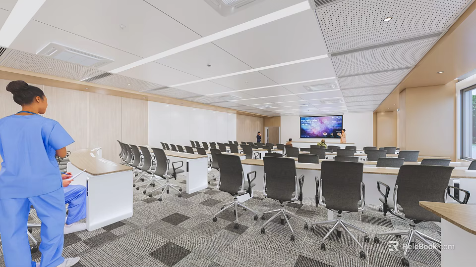 Modern Conference Room Interior With Long Tables Ergonomic Chairs And Large Screen 3d model 