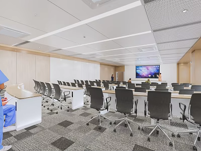 Modern Conference Room Interior With Long Tables Ergonomic Chairs And Large Screen 3d model