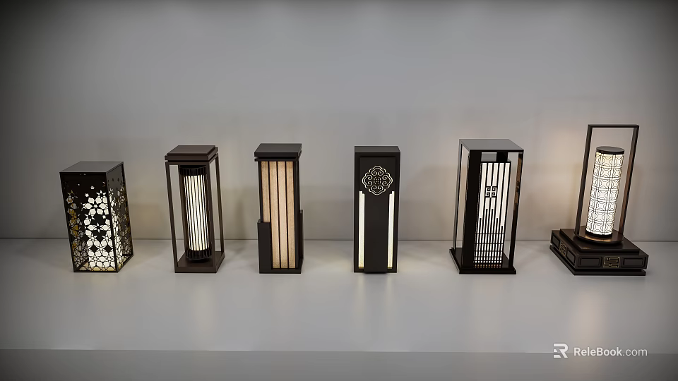 Illuminated Outdoor Lanterns With Wooden Frames And Carved Patterns In Various Decorative Styles 3d model 