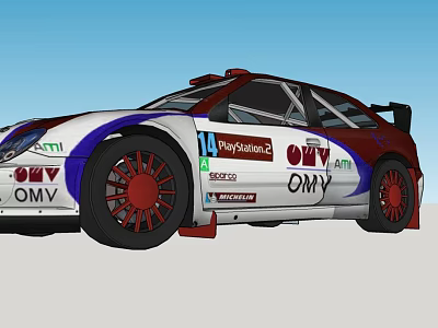 Red White Blue Racing Car With OMV Sponsor Logos And Red Wheels 3d model