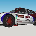 Red White Blue Racing Car With OMV Sponsor Logos And Red Wheels