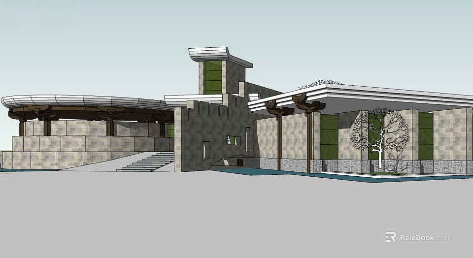 Museum Building Architectural Design With Stone Facade Tower Steps Water Pool And Trees 3d model