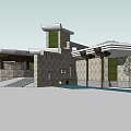 Museum Building Architectural Design With Stone Facade Tower Steps Water Pool And Trees 3d model