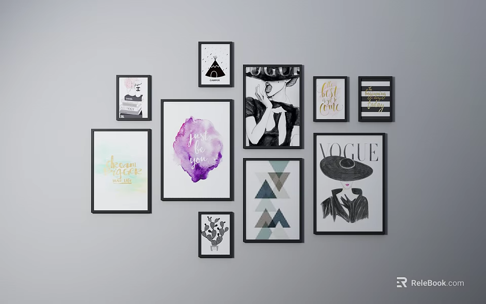 Black and White Vogue Portrait Art with Various Style Paintings on Wall 3d model 