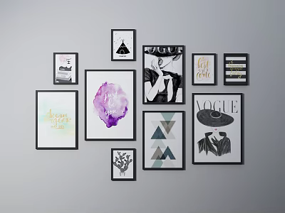 Black and White Vogue Portrait Art with Various Style Paintings on Wall 3d model