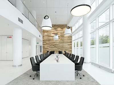 Modern Conference Room With White Table Black Chairs Wooden Wall Large Windows And Natural Light 3d model