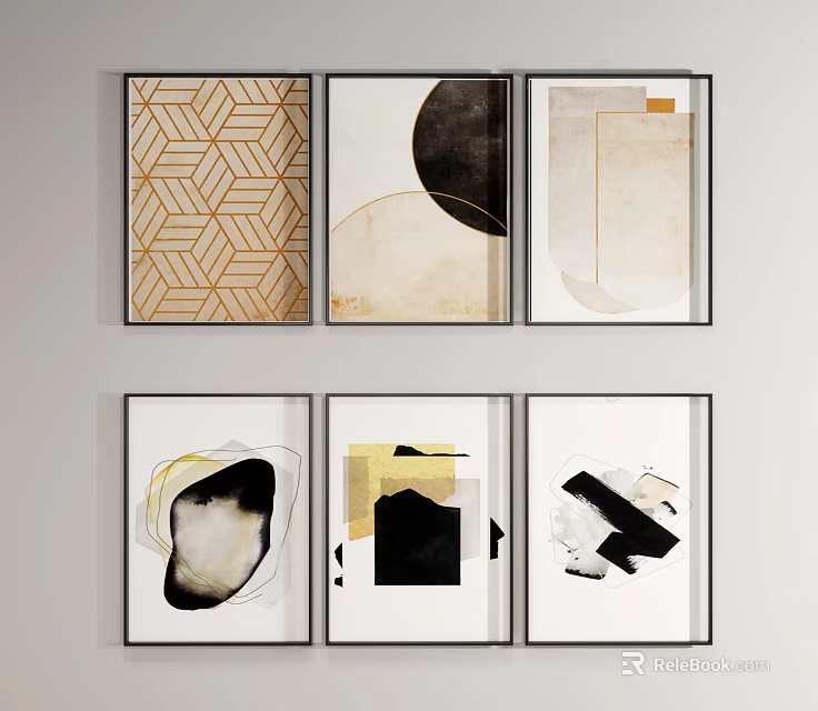 Abstract Paintings with Geometric Patterns Circular Shapes and Neutral Tones in Black Frames 3d model