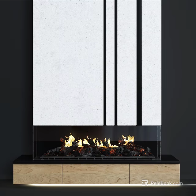Modern White Fireplace Interior Design With Black Stripes Flames And Wooden Base 3d model 