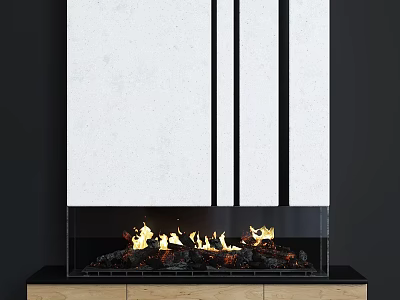 Modern White Fireplace Interior Design With Black Stripes Flames And Wooden Base 3d model