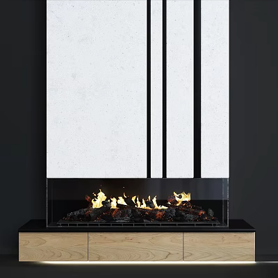 Modern White Fireplace Interior Design With Black Stripes Flames And Wooden Base 3d model