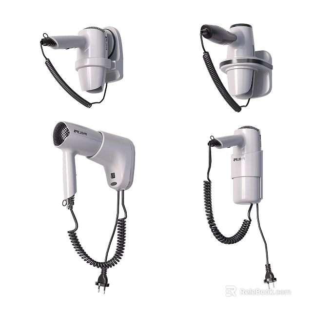 Practical White Wall Mounted Hair Dryers With Coiled Cords For Daily Household Use 3d model 