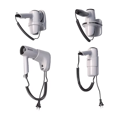 Practical White Wall Mounted Hair Dryers With Coiled Cords For Daily Household Use 3d model