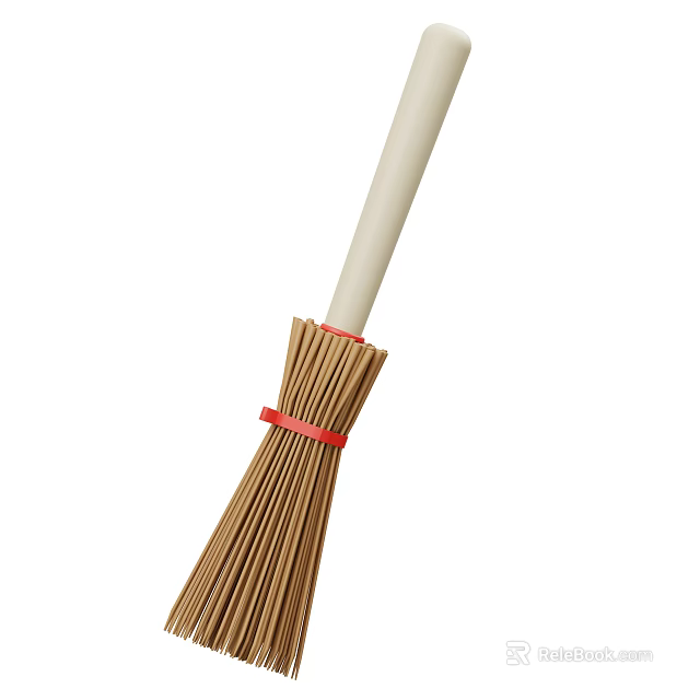 Household Broom With Natural Bristles Red Strap And Wooden Handle For Home Cleaning 3d model 