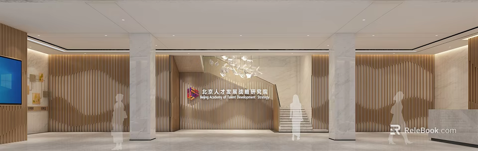 Modern Corporate Front Desk Reception With Wooden Panel Wall And Chandelier Lighting 3d model 
