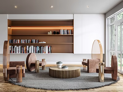Modern Living Room Interior With Bookshelves Brown Armchairs Round Coffee Table Rug And Large Windows 3d model