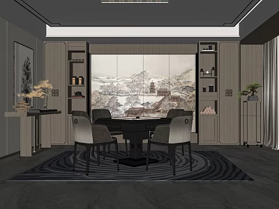 Elegant Chinese Style Hotel Mahjong Room With Round Table Chairs Landscape Painting And Cabinets 3d model