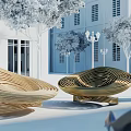 Spiral Shaped Wooden Woven Landscape Seats In Outdoor Courtyard With White Buildings And Trees