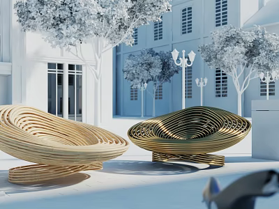 Spiral Shaped Wooden Woven Landscape Seats In Outdoor Courtyard With White Buildings And Trees 3d model