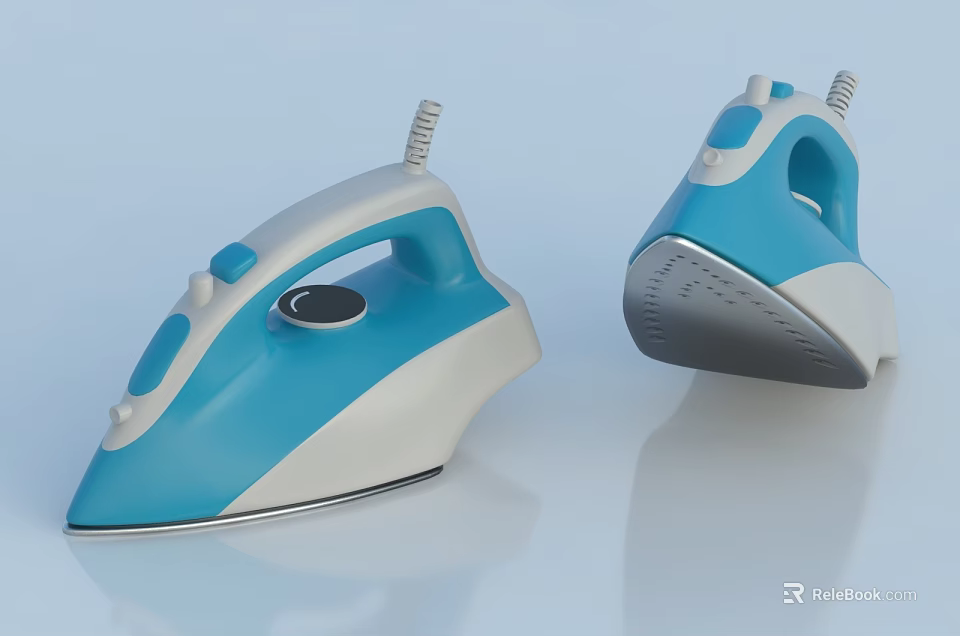 Blue And White Electric Irons With Ergonomic Handle Power Cord And Smooth Soleplate 3d model 