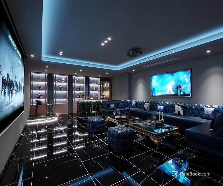 Modern KTV Lounge Interior With Large Screen Comfortable Sofa Bar Counter And Lighting Effects 3d model 