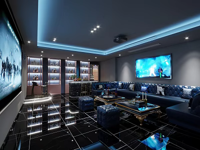 Modern KTV Lounge Interior With Large Screen Comfortable Sofa Bar Counter And Lighting Effects 3d model