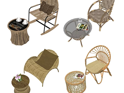 Stylish Rattan Leisure Chairs In Various Designs With Cushions And Side Tables 3d model