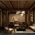 Traditional Chinese Teahouse Interior With Wooden Beams Tea Tables And Hanging Lamps