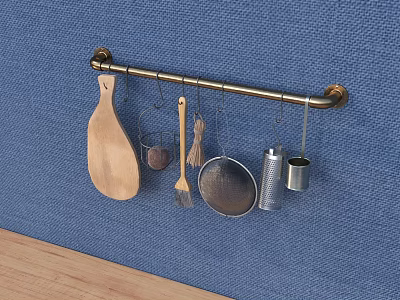 Wall Mounted Metal Rack With Hanging Kitchen Utensils On Blue Fabric Background 3d model