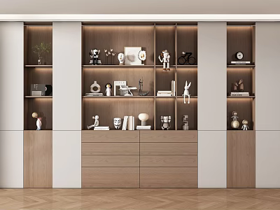 Modern Minimalist Wooden Bookcase With Built In LED Lighting Decor Ornaments And Spacious Storage Drawers 3d model