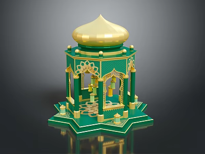 Ornate Green And Golden Pavilion Structure With Dome Top Decorative Arches And Intricate Base 3d model