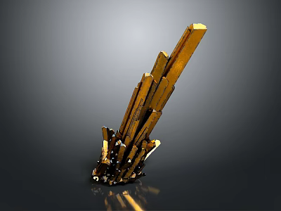 Golden Crystal Cluster With Long Slender Upward Growing Shiny Crystals Against Dark Background 3d model