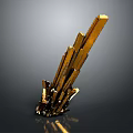 Golden Crystal Cluster With Long Slender Upward Growing Shiny Crystals Against Dark Background