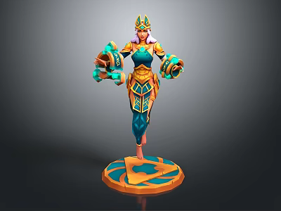 Woman Queen 3D Model With Ornate Gold And Blue Outfit Decorative Headdress And Circular Base 3d model