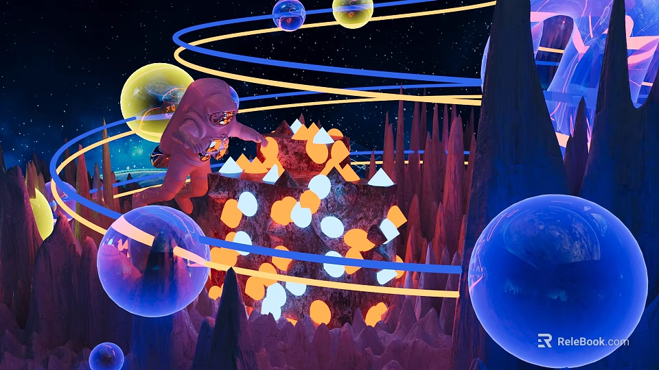Vibrant Cartoon Scene With Red Character Orbital Rings Glowing Geometric Shapes And Rocky Peaks 3d model 