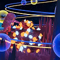 Vibrant Cartoon Scene With Red Character Orbital Rings Glowing Geometric Shapes And Rocky Peaks