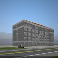 Modern Multi Story Office Building Gray Exterior Orange Roof Arched Entrance Road And Grass Surroundings