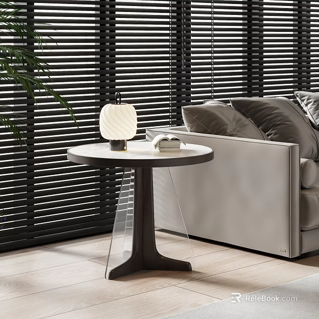 Modern Wooden Side Table Next to Gray Sofa with Stylish Lamp Plant and Blinds 3d model 