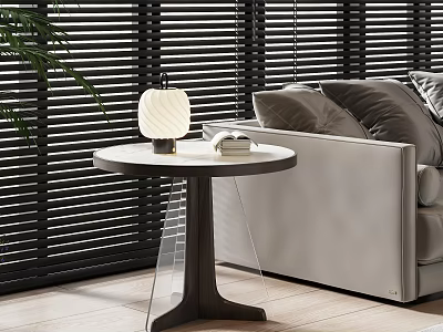 Modern Wooden Side Table Next to Gray Sofa with Stylish Lamp Plant and Blinds 3d model